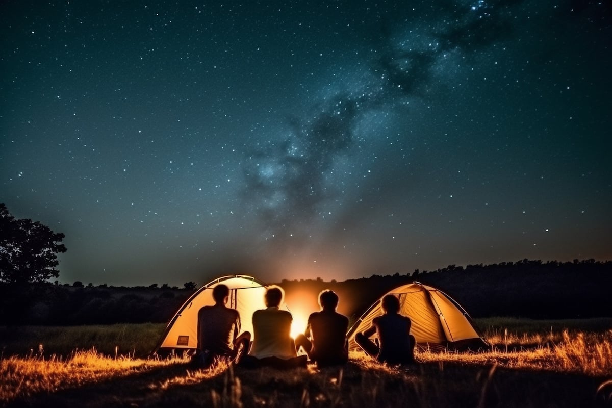 Four friends sitting by a campfire outside of their tents on a campground, Astrotourism.